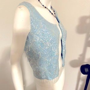 NEW blue sequins sparkly beaded zip up sleeveless dressy top vest jacket Vintage